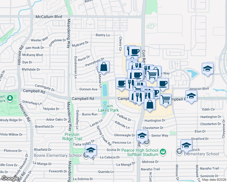 map of restaurants, bars, coffee shops, grocery stores, and more near 16411 Lauder Lane in Dallas