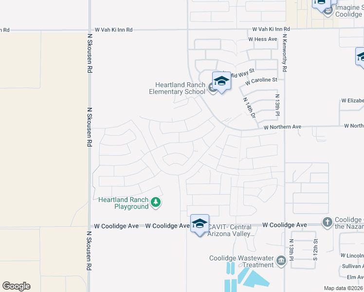map of restaurants, bars, coffee shops, grocery stores, and more near 1839 West Pinkley Avenue in Coolidge