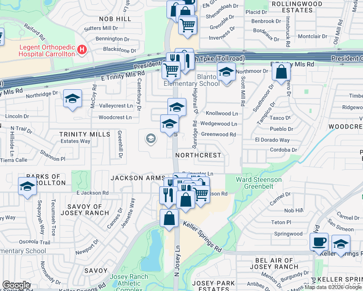 map of restaurants, bars, coffee shops, grocery stores, and more near 1903 Sunridge Road in Carrollton
