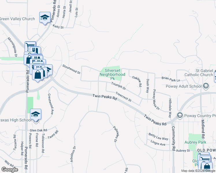 map of restaurants, bars, coffee shops, grocery stores, and more near 14665 Buckwood Street in Poway