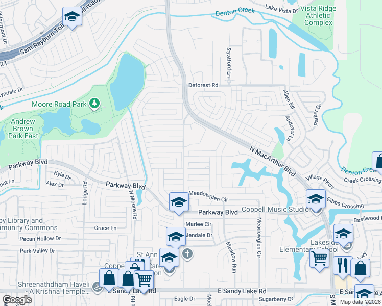 map of restaurants, bars, coffee shops, grocery stores, and more near 704 Greenway Drive in Coppell