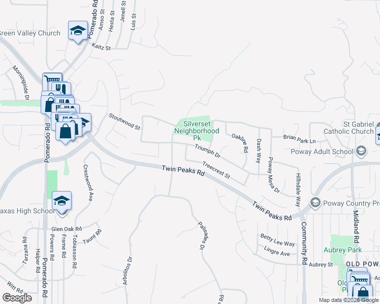 map of restaurants, bars, coffee shops, grocery stores, and more near 14665 Buckwood Street in Poway