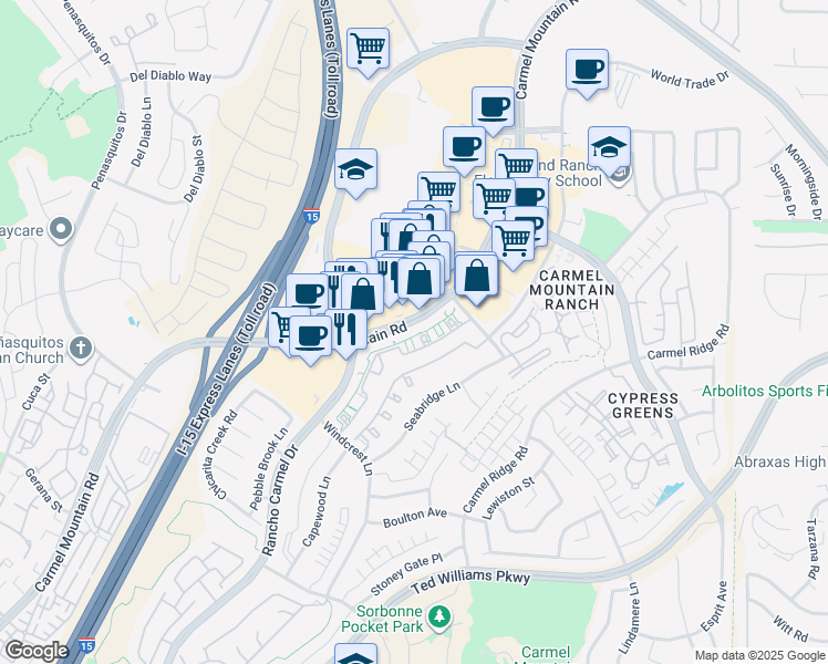 map of restaurants, bars, coffee shops, grocery stores, and more near 11731 Stoney Peak Drive in San Diego