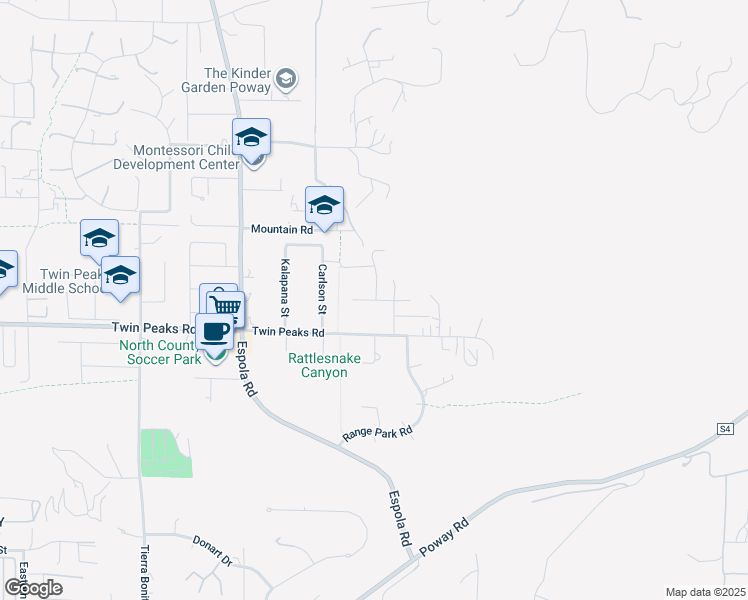 map of restaurants, bars, coffee shops, grocery stores, and more near Pebble Canyon Drive in Poway