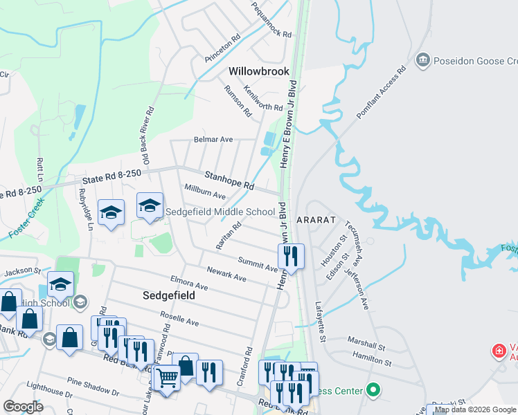 map of restaurants, bars, coffee shops, grocery stores, and more near 12 Raritan Road in Goose Creek