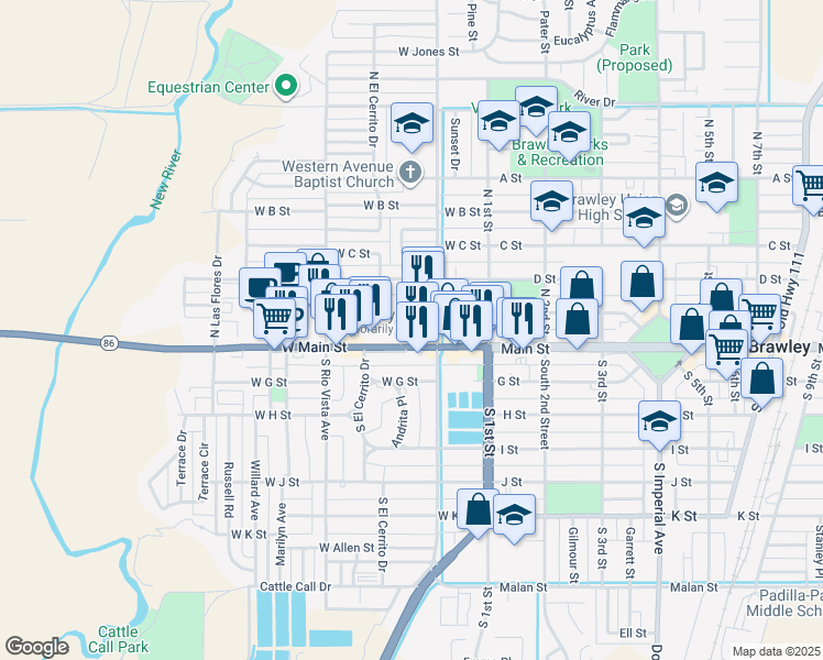 map of restaurants, bars, coffee shops, grocery stores, and more near 218 West E Street in Brawley