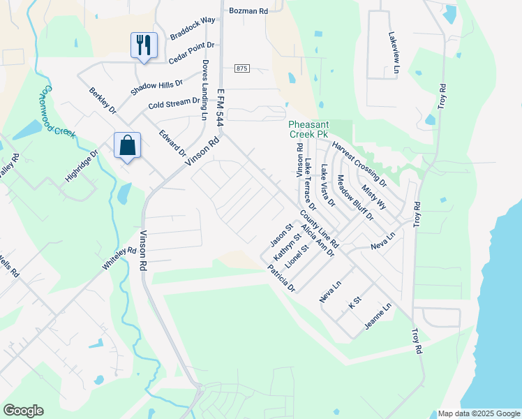 map of restaurants, bars, coffee shops, grocery stores, and more near 68 Pearl Drive in Wylie