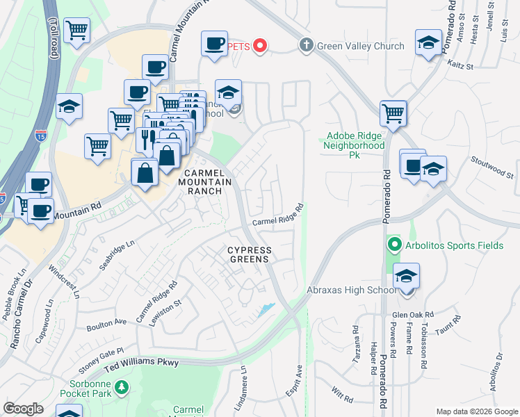 map of restaurants, bars, coffee shops, grocery stores, and more near 14461 Rutledge Square in San Diego