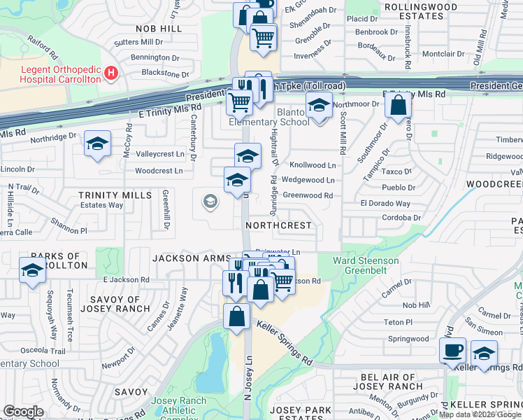 map of restaurants, bars, coffee shops, grocery stores, and more near 1903 Sunridge Road in Carrollton