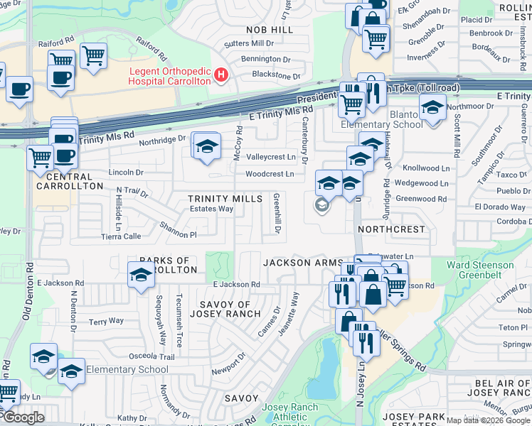 map of restaurants, bars, coffee shops, grocery stores, and more near 2310 Greenmeadow Drive in Carrollton