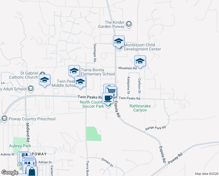 map of restaurants, bars, coffee shops, grocery stores, and more near 14140 Rio Court in Poway