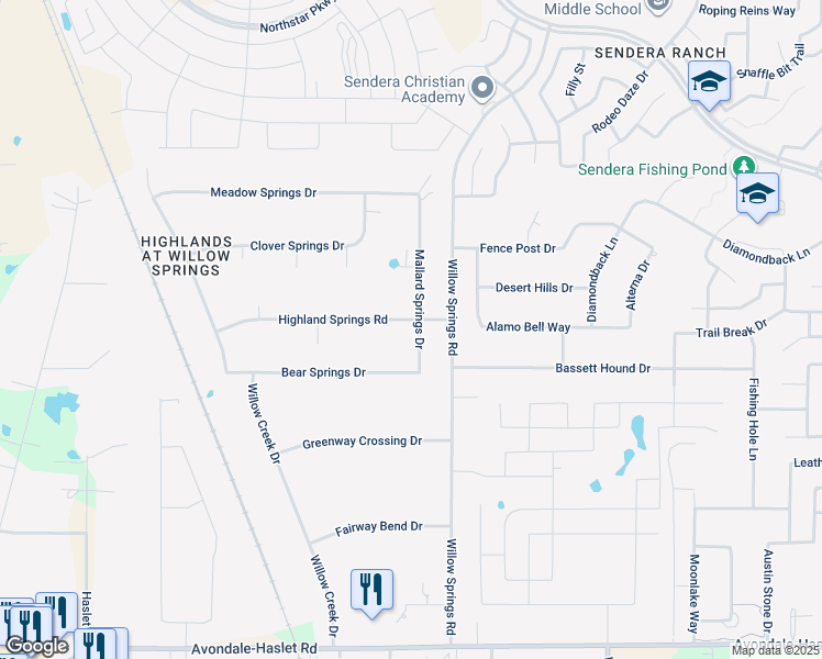 map of restaurants, bars, coffee shops, grocery stores, and more near 1800 Highland Springs Road in Haslet