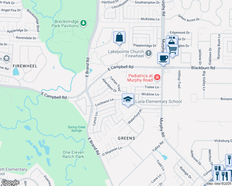 map of restaurants, bars, coffee shops, grocery stores, and more near 905 Lochness Lane in Garland