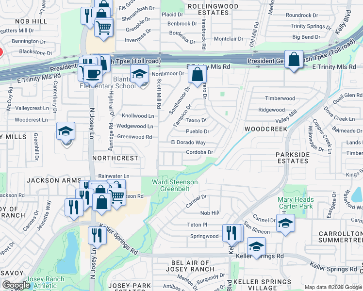 map of restaurants, bars, coffee shops, grocery stores, and more near 2129 Cordoba Drive in Carrollton