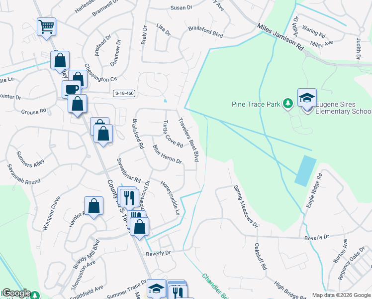 map of restaurants, bars, coffee shops, grocery stores, and more near 214 Turtle Cove Road in Summerville