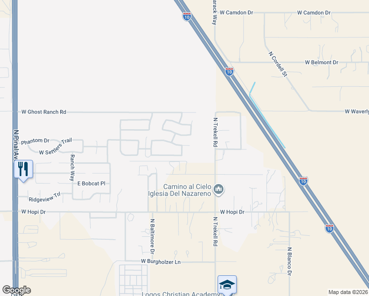 map of restaurants, bars, coffee shops, grocery stores, and more near 796 East Black Diamond Drive in Casa Grande