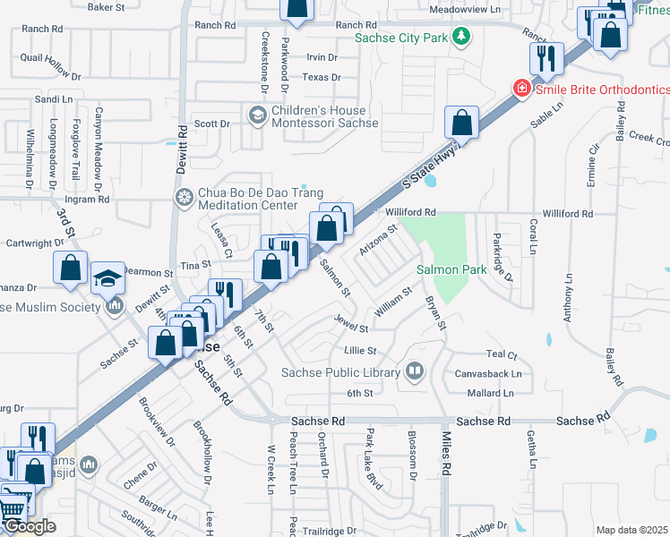 map of restaurants, bars, coffee shops, grocery stores, and more near 3308 Salmon Street in Sachse