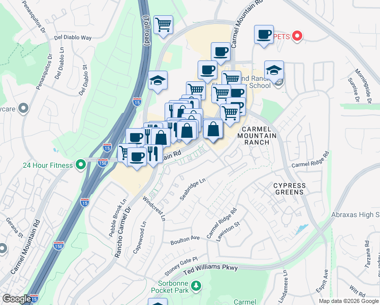 map of restaurants, bars, coffee shops, grocery stores, and more near 11729 Stoney Peak Drive in San Diego