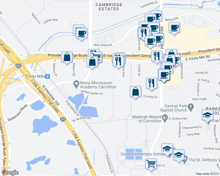 map of restaurants, bars, coffee shops, grocery stores, and more near 1228 Crowley Circle in Carrollton