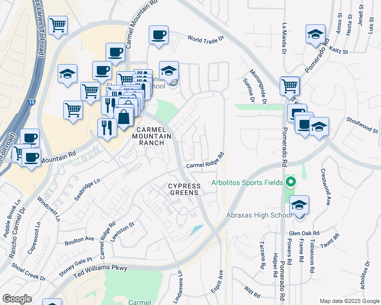 map of restaurants, bars, coffee shops, grocery stores, and more near 12144 Carrollton Square in San Diego