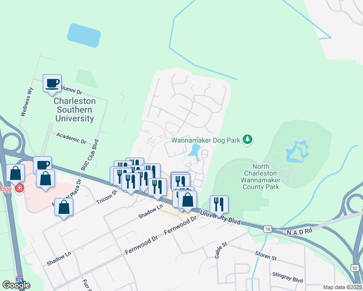 map of restaurants, bars, coffee shops, grocery stores, and more near 2605 Elms Plantation Boulevard in North Charleston