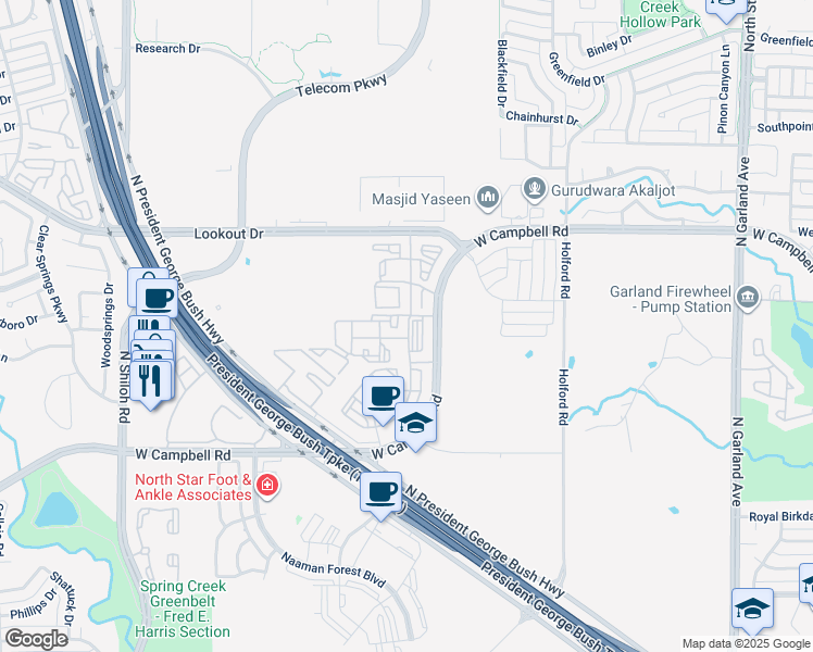 map of restaurants, bars, coffee shops, grocery stores, and more near 1600 West Campbell Road in Garland