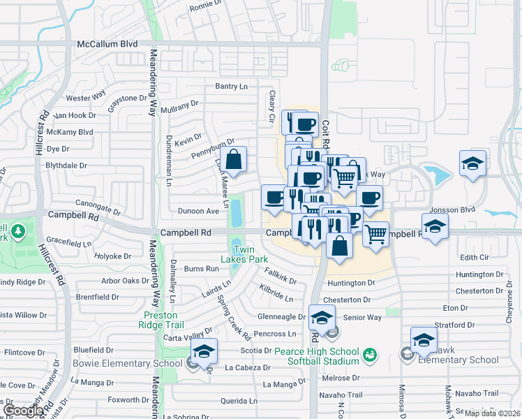 map of restaurants, bars, coffee shops, grocery stores, and more near 16411 Lauder Lane in Dallas