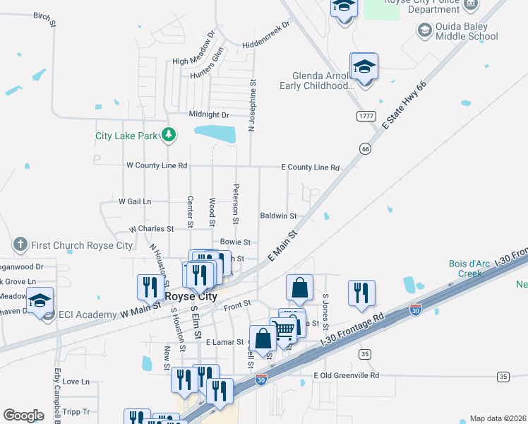 map of restaurants, bars, coffee shops, grocery stores, and more near 615 North Josephine Street in Royse City