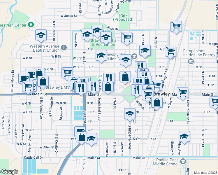 map of restaurants, bars, coffee shops, grocery stores, and more near 283 Main Street in Brawley