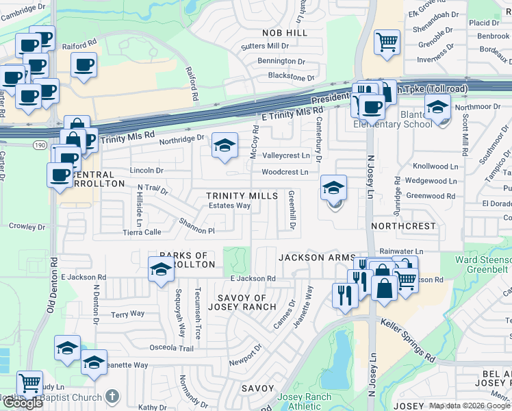 map of restaurants, bars, coffee shops, grocery stores, and more near 2310 Evergreen Street in Carrollton