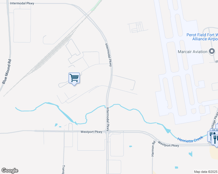 map of restaurants, bars, coffee shops, grocery stores, and more near 201 Intermodal Parkway in Fort Worth