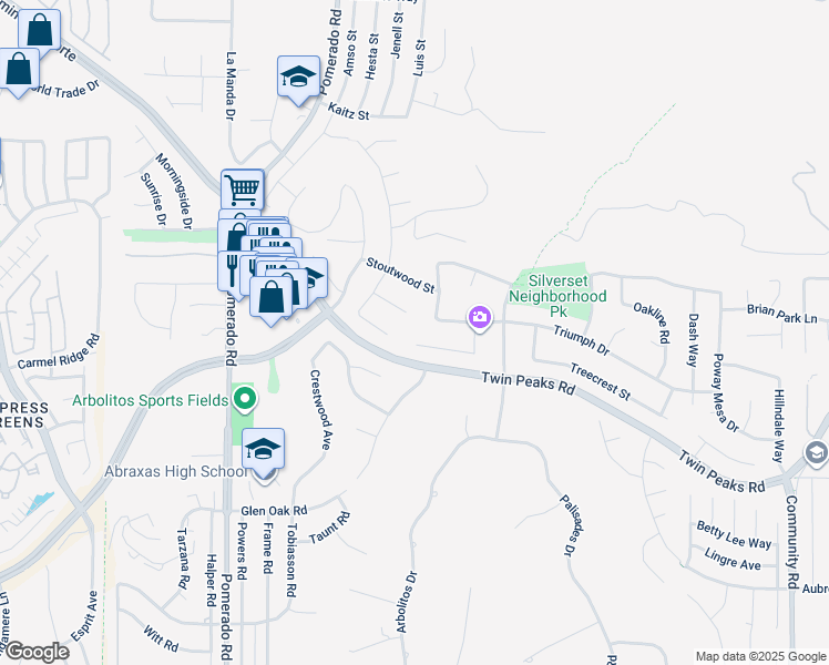 map of restaurants, bars, coffee shops, grocery stores, and more near 12710 Treeridge Terrace in Poway