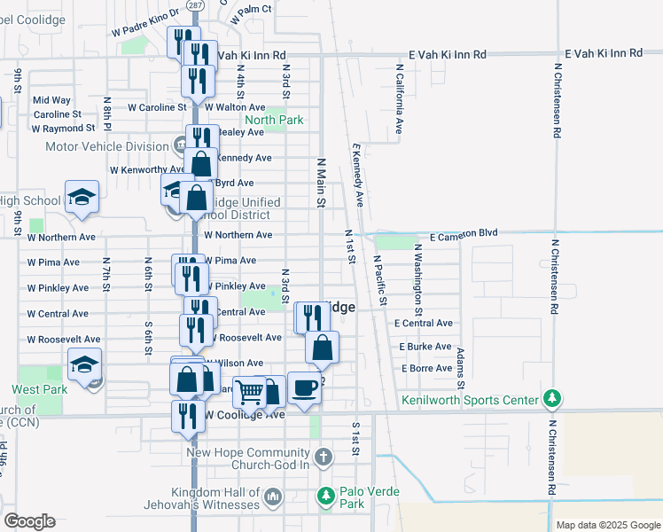 map of restaurants, bars, coffee shops, grocery stores, and more near 156 West Pinkley Avenue in Coolidge