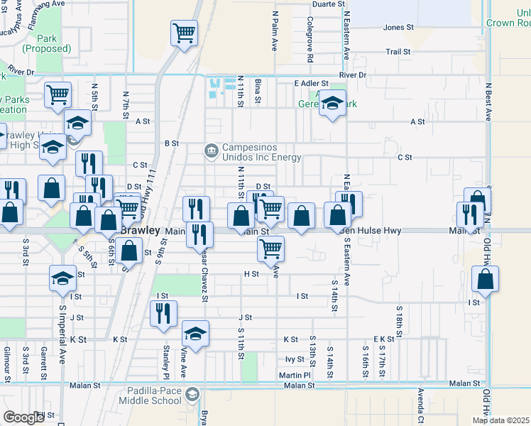 map of restaurants, bars, coffee shops, grocery stores, and more near 1175 Main Street in Brawley