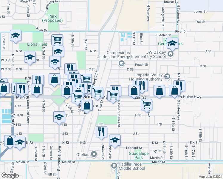 map of restaurants, bars, coffee shops, grocery stores, and more near 977 Main Street in Brawley