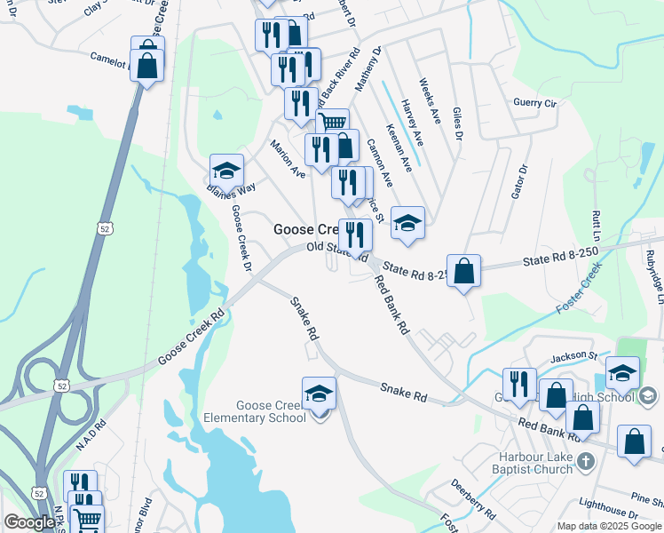 map of restaurants, bars, coffee shops, grocery stores, and more near 608 Red Bank Road in Goose Creek