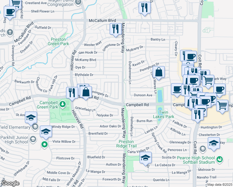 map of restaurants, bars, coffee shops, grocery stores, and more near 7219 Canongate Drive in Dallas