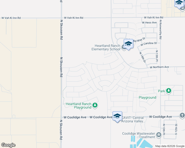 map of restaurants, bars, coffee shops, grocery stores, and more near 337 North 21st Circle in Coolidge