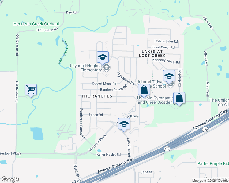 map of restaurants, bars, coffee shops, grocery stores, and more near 3612 Bandera Ranch Road in Roanoke