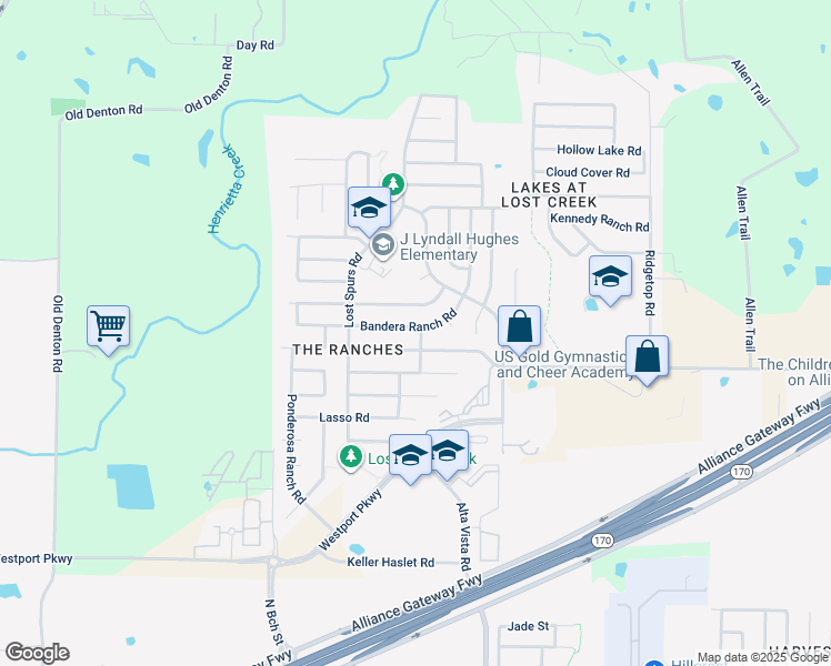 map of restaurants, bars, coffee shops, grocery stores, and more near 3616 Bandera Ranch Road in Roanoke