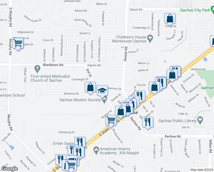 map of restaurants, bars, coffee shops, grocery stores, and more near 2513 Mcdearmon Street in Sachse