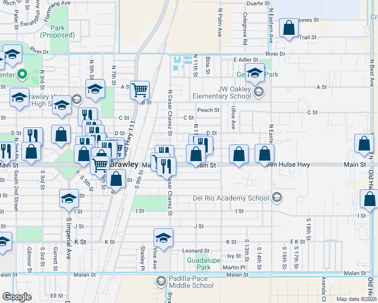 map of restaurants, bars, coffee shops, grocery stores, and more near 1045 Main Street in Brawley