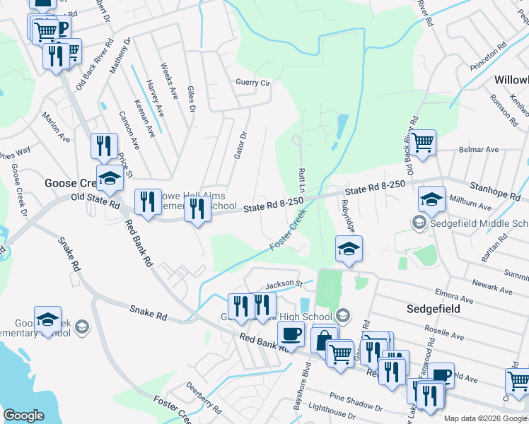 map of restaurants, bars, coffee shops, grocery stores, and more near 310 Faith Lane in Goose Creek