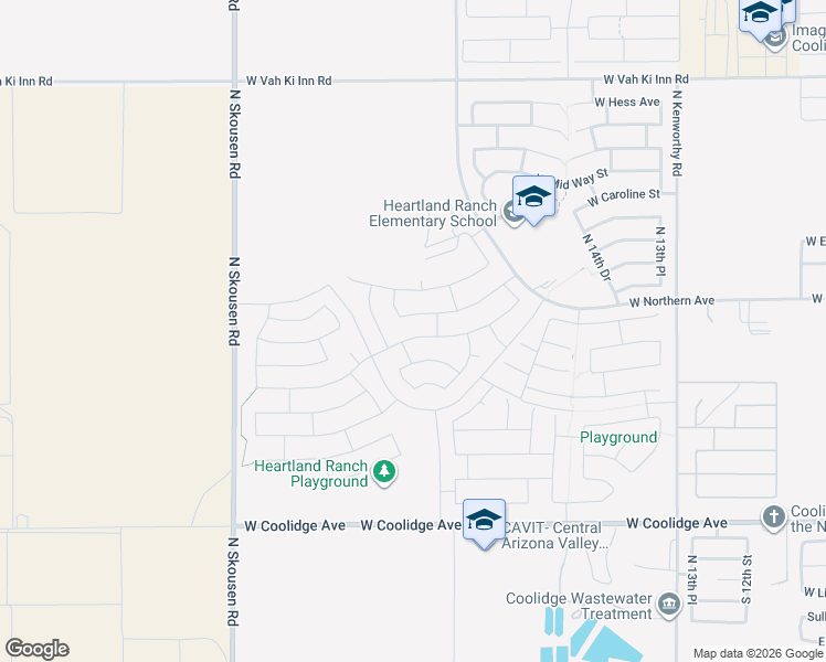 map of restaurants, bars, coffee shops, grocery stores, and more near 1955 West Pinkley Avenue in Coolidge