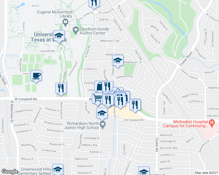 map of restaurants, bars, coffee shops, grocery stores, and more near 2009 Fairmeadow Drive in Richardson