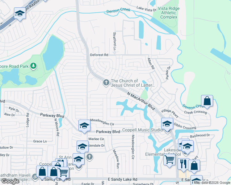 map of restaurants, bars, coffee shops, grocery stores, and more near 740 Greenway Drive in Coppell