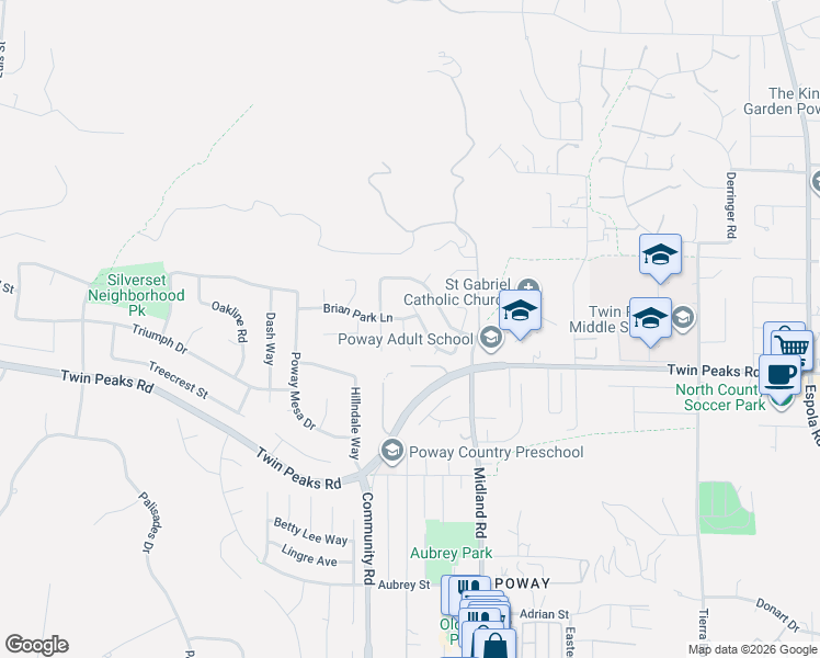 map of restaurants, bars, coffee shops, grocery stores, and more near 14623 Billy Lane in Poway