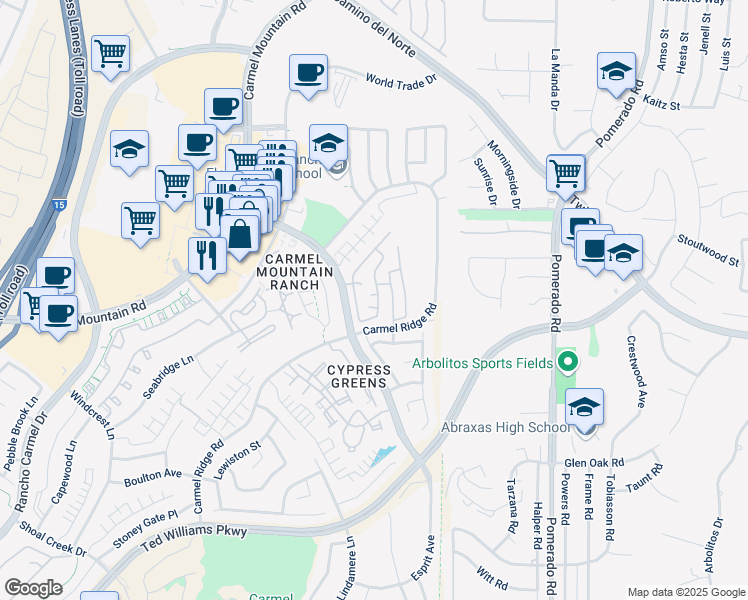 map of restaurants, bars, coffee shops, grocery stores, and more near 14461 Rutledge Square in San Diego