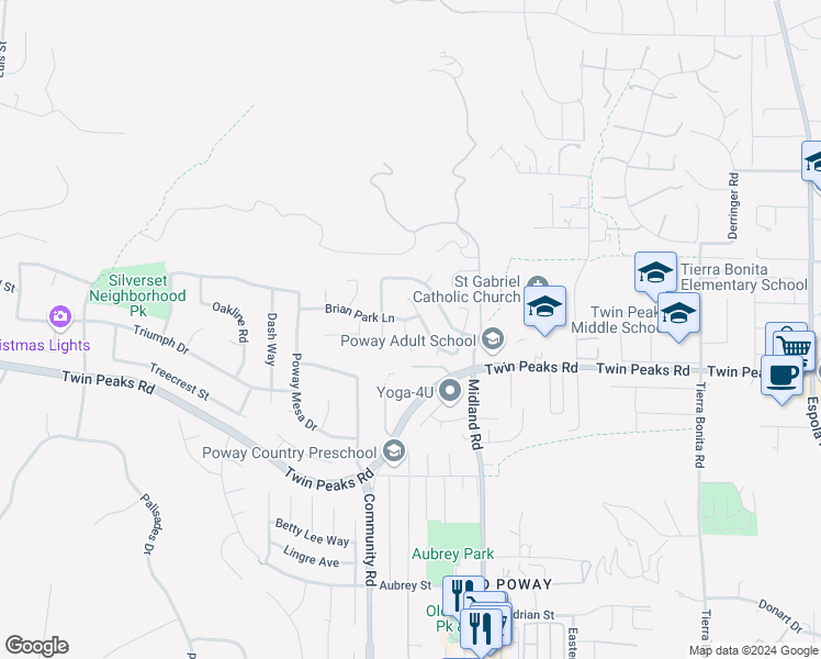 map of restaurants, bars, coffee shops, grocery stores, and more near 14641 Billy Lane in Poway