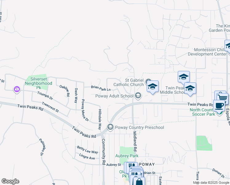 map of restaurants, bars, coffee shops, grocery stores, and more near 14641 Billy Lane in Poway